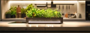 a modern, minimalist kitchen with sleek, energy-efficient appliances and vibrant green plants on the countertops.